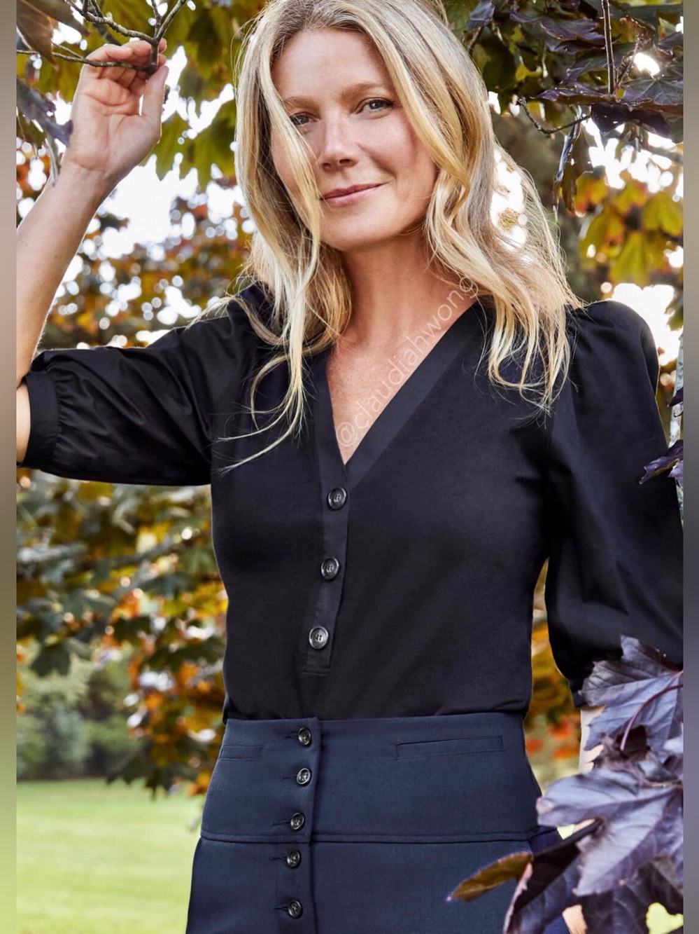 GWYN Phillip Puff Sleeve Henley Top in Black
